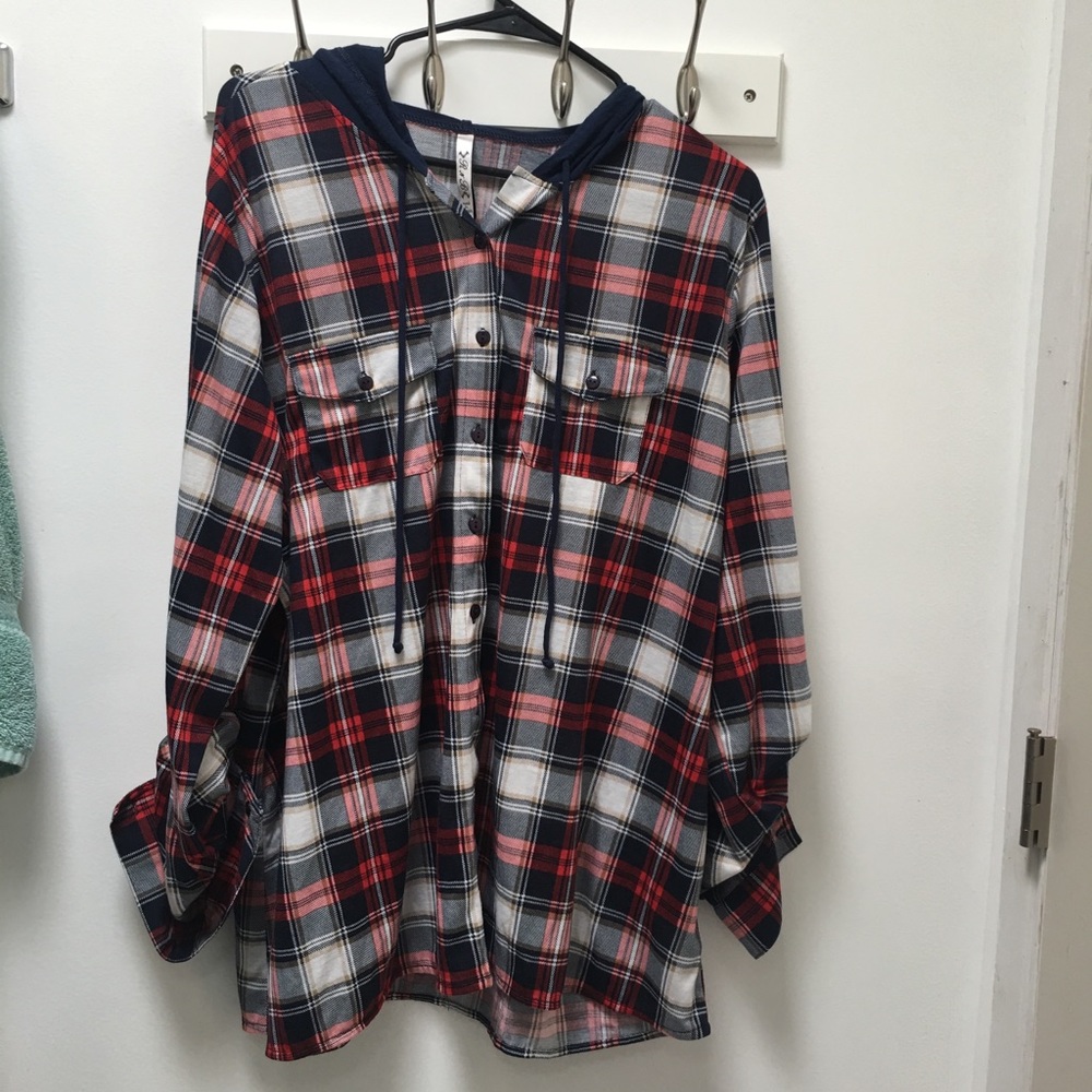 Red and blue hooded flannel top